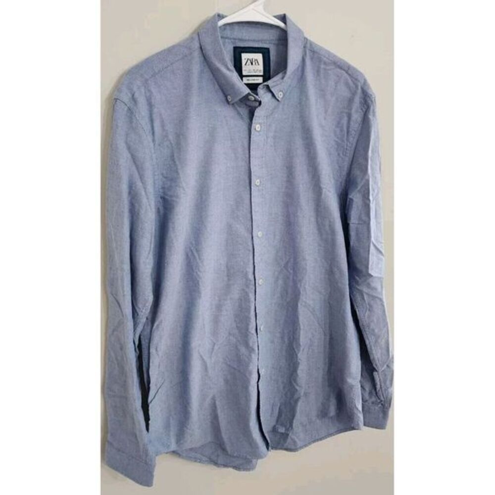 Zara Mens Button Front Shirt Blue Textured Long Sleeve Slim‎ Fit 100% Cotton L